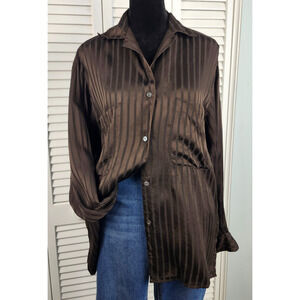 Perry Ellis 100% Silk Top 6 Brown Button Up VTG